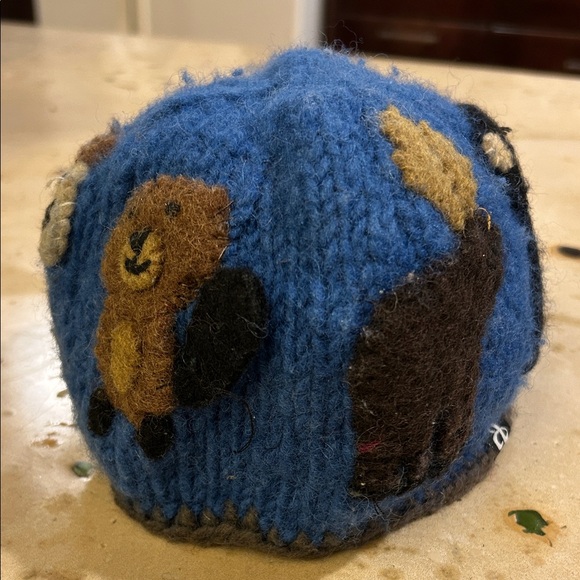 Ambler of Alberta Canada Wool Blue Knit Kids Hat with Woodland Creatures Design - Picture 2 of 6